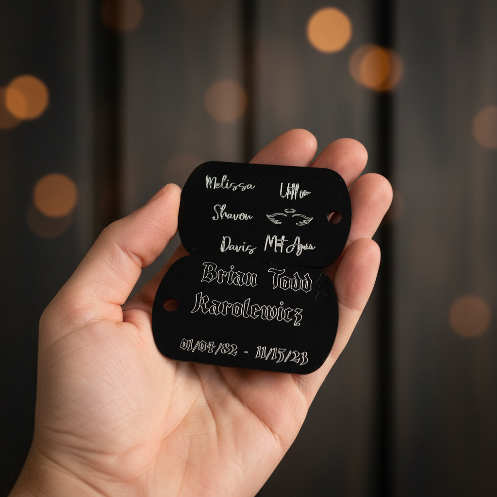 Two Personalized Double Sided Memorial Dog Tags  On Necklace
