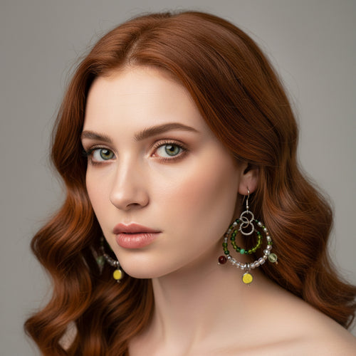 Red haired model wearing Czech glass beaded dangle earrings