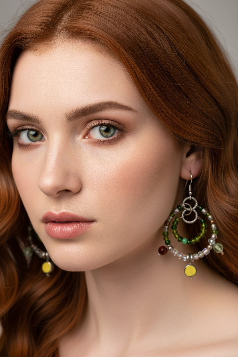 Woman wearing colorful earrings with a neutral background